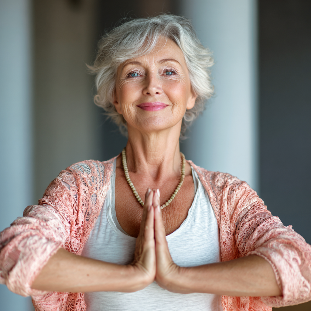 Smiling middle-aged Ukrainian woman in comfortable yoga attire practicing gentle yoga poses outdoors in natural lighting