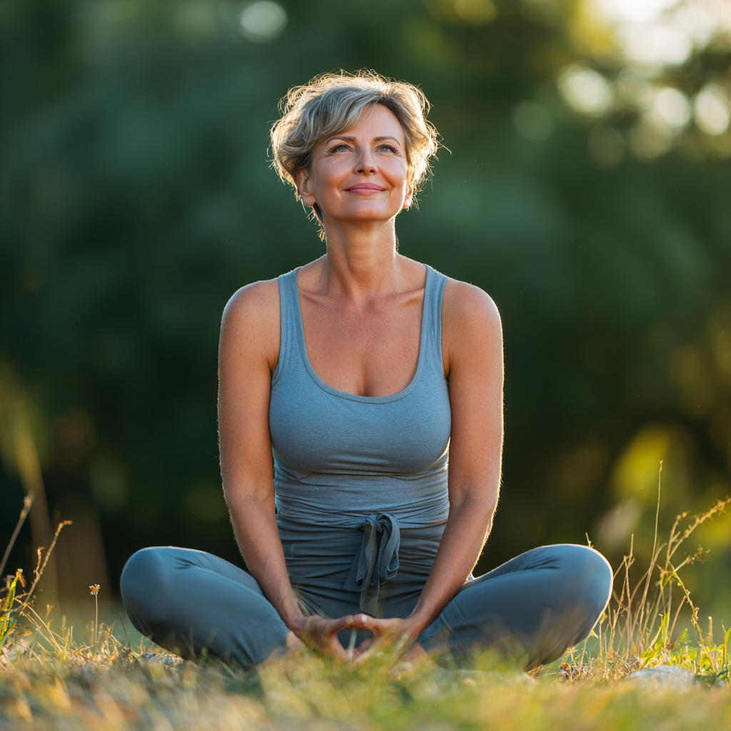 Peaceful Ukrainian woman in her fifties performing a mindful yoga stretch in a bright, airy studio with natural light streaming through windows